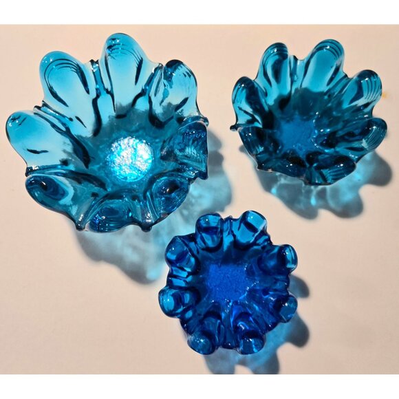 Set Of 3 Murano Blue Glass Sculptural Bowls With Organic Wave Design - Picture 2 of 7